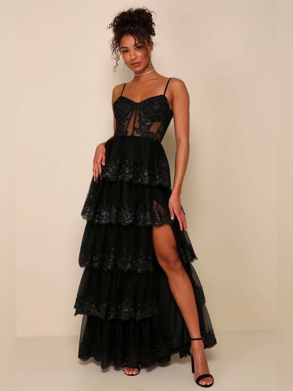 Lulu’s Alluring Sensation Black Tulle Embroidered Tiered Maxi Dress
